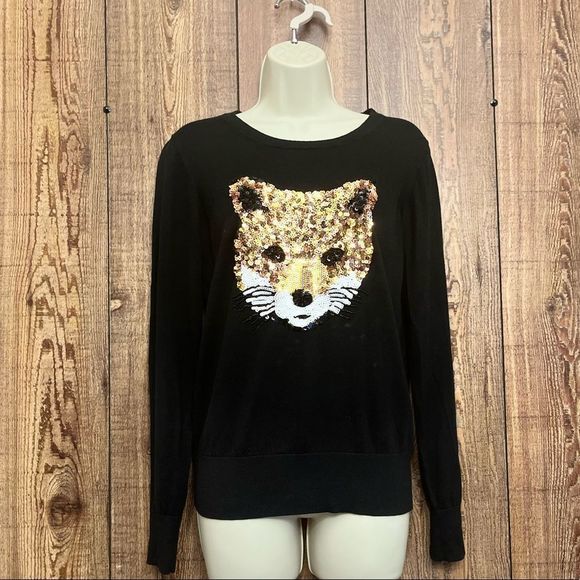 French Connection Sequin Fox Black Cotton Sweater - Picture 2 of 10